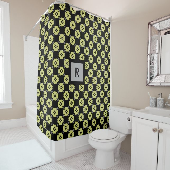 Monogrammed Lime Green Floral Pattern on Black Shower Curtain (In Situ)