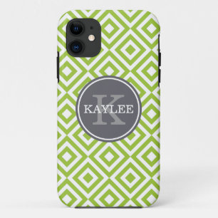 Monogrammed Lime Green Geometric Diamond Pattern iPhone 11 Case
