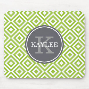 Monogrammed Lime Green Geometric Diamond Pattern Mouse Pad