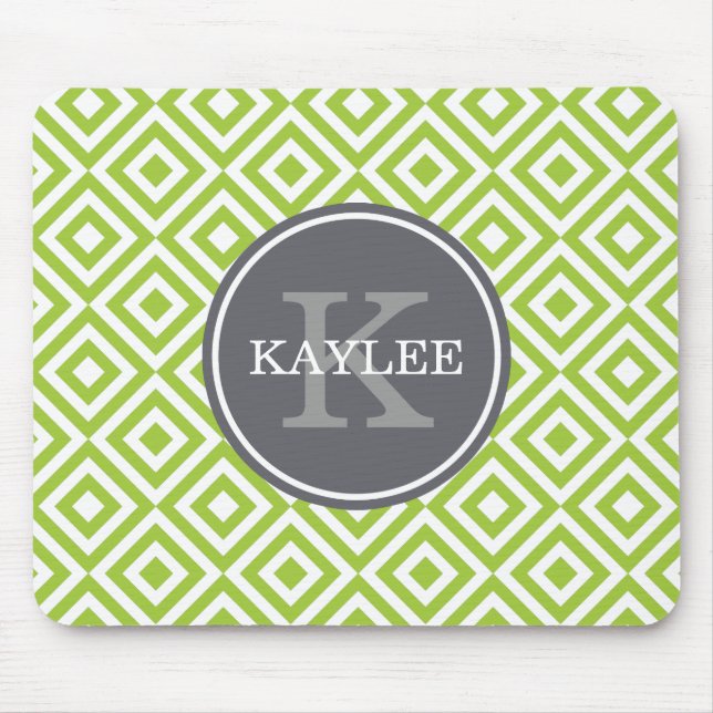 Monogrammed Lime Green Geometric Diamond Pattern Mouse Pad (Front)
