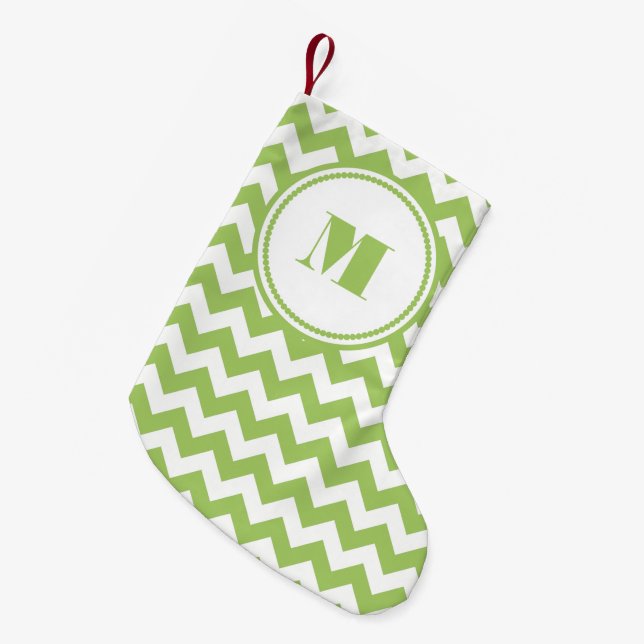 Monogrammed Lime Green White Striped Chevron Small Christmas Stocking (Front (Hanging))
