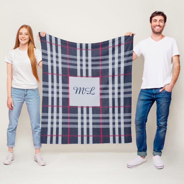Monogrammed London Plaid Checked Navy Blue Fleece Blanket (In Situ)