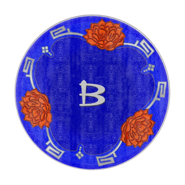 Monogrammed Lotus Blossom - Blue, Red, Silver Cutting Board (Front)