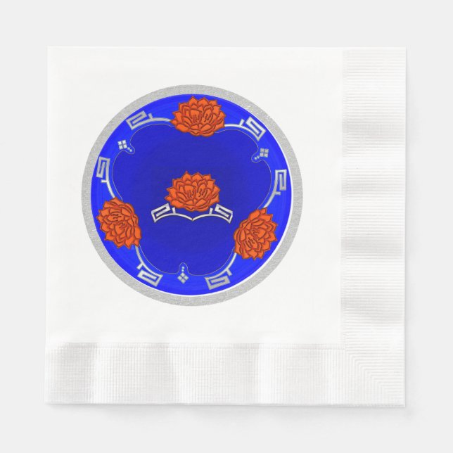 Monogrammed Lotus Blossom - Blue, Red, Silver Napkin (Front)
