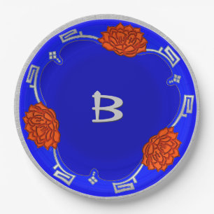 Monogrammed Lotus Blossom - Blue, Red, Silver Paper Plate