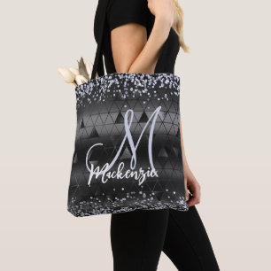 Monogrammed Luxury Black Glamour Glitter Pattern Tote Bag