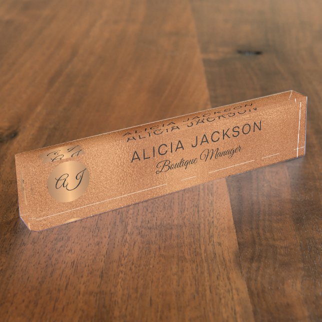 Monogrammed luxury rose gold copper glitter nameplate (Side)
