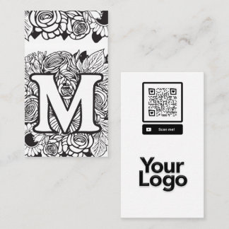 Monogrammed M Black and White Floral QR Code Logo Business Card