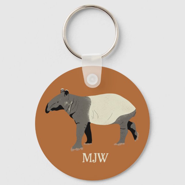 Monogrammed Malayan Tapir Animal Illustration Key Ring (Front)