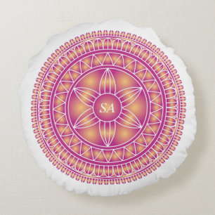 Monogrammed Mandala Golden Purple White Round Cushion