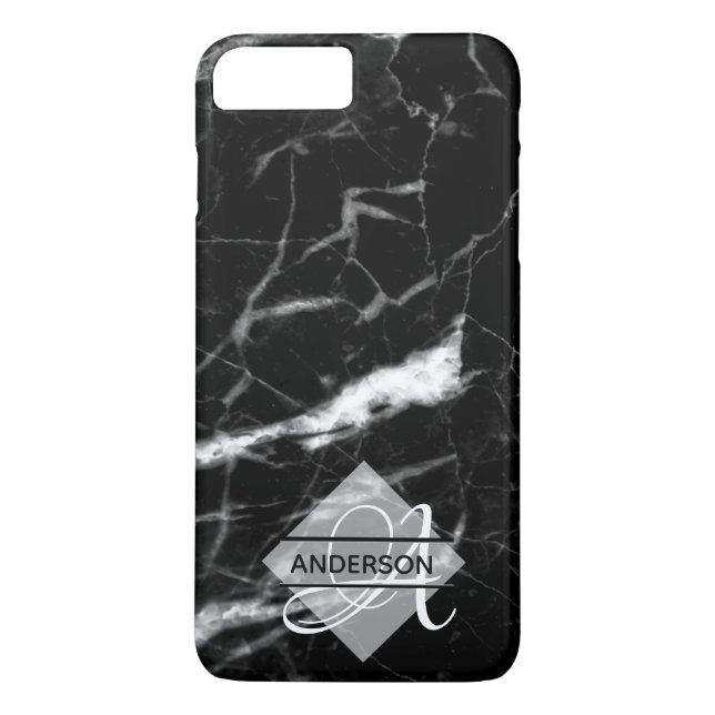 Monogrammed Marble Phone Case Black Personalised (Back)