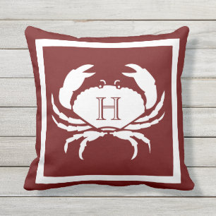 Monogrammed Maroon Rust Red White Crab Nautical Cushion