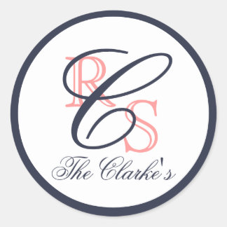 Monogrammed Married Name, Peach, Navy Blue Classic Round Sticker