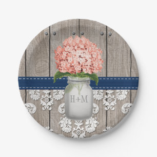 Monogrammed Mason Jar Coral Navy Hydrangea Wedding Paper Plate