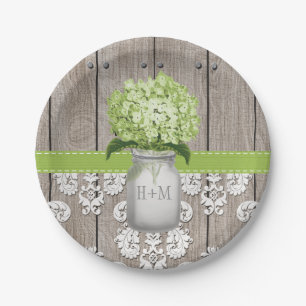 Monogrammed Mason Jar Green Hydrangea Wedding Paper Plate