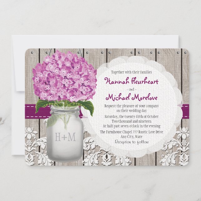Monogrammed Mason Jar Plum Hydrangea Wedding Invitation (Front)