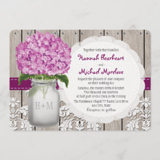 Monogrammed Mason Jar Plum Hydrangea Wedding Invitation