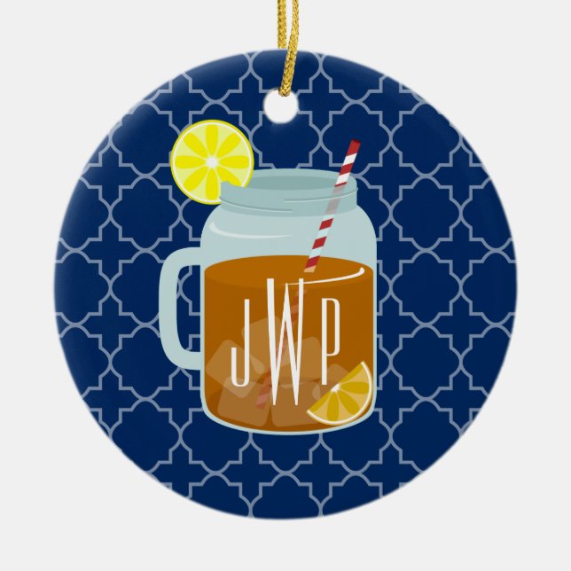Monogrammed Mason Jar Sweet Tea - Navy Quatrefoil Ceramic Tree Decoration (Front)