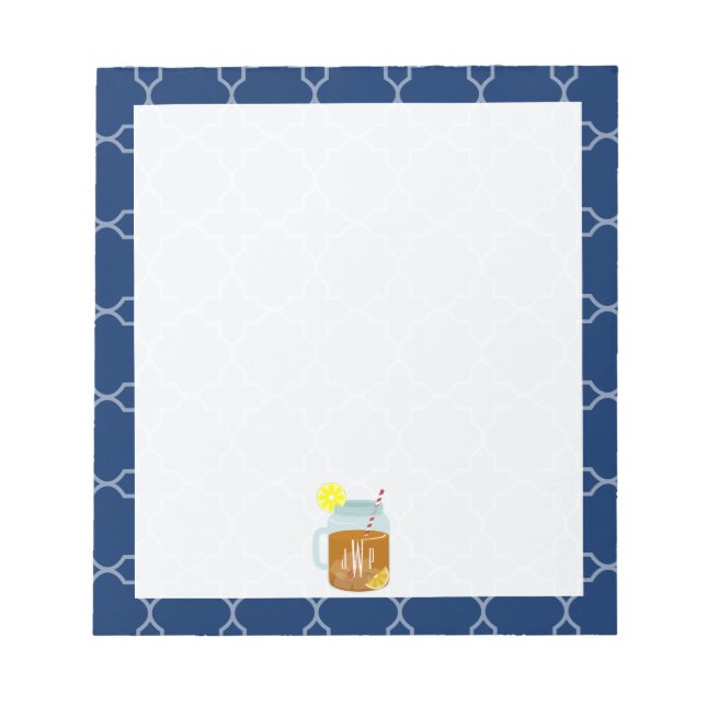 Monogrammed Mason Jar Sweet Tea - Navy Quatrefoil Notepad (Front)