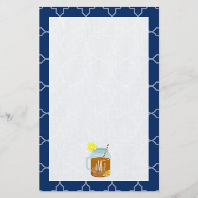 Monogrammed Mason Jar Sweet Tea - Navy Quatrefoil Stationery (Front)