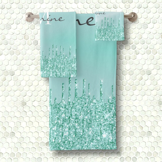 Monogrammed Metallic Aqua Blue Dripping Glitter Bath Towel Set (Creator Uploaded)