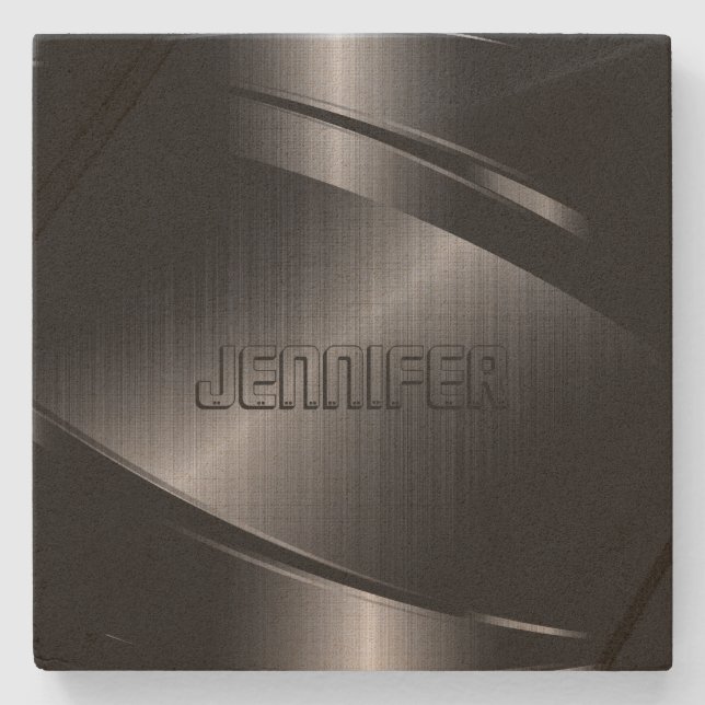 Monogrammed Metallic Black Stainless Steel Look Stone Coaster (Front)