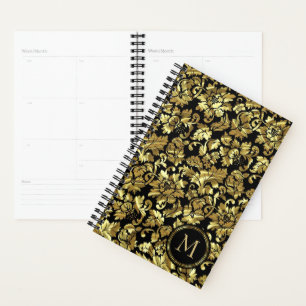 Monogrammed Metallic Gold Damask Pattern Planner