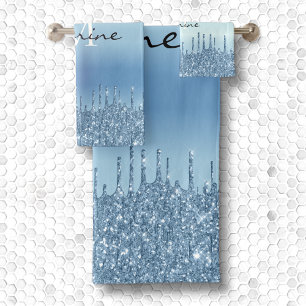 Monogrammed Metallic Ice Blue Dripping Glitter Bath Towel Set