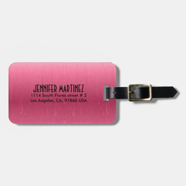 Monogrammed Metallic Pink  Brushed Aluminium Look Luggage Tag (Front Horizontal)