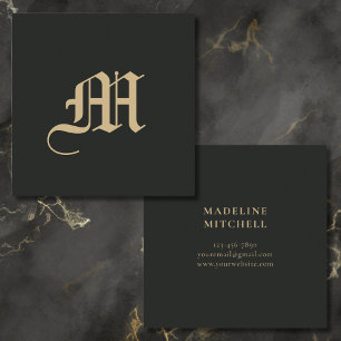 Monogrammed Minimal Elegant Ornate Black Gold Square Business Card
