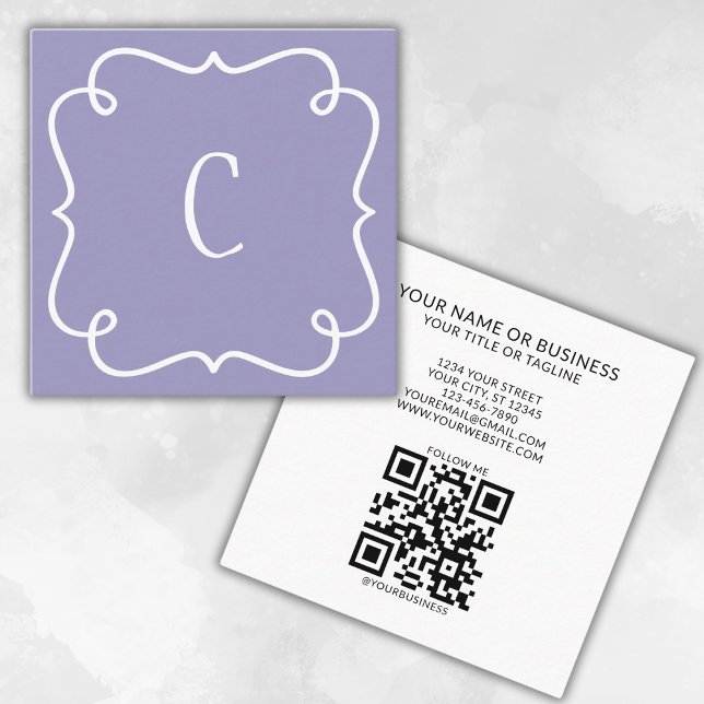 Monogrammed Minimal Trendy Purple QR Code Square Business Card (Creator Uploaded)