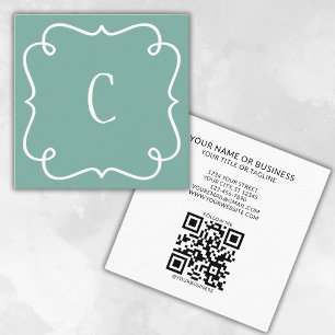 Monogrammed Minimal Trendy Sage Green QR Code Square Business Card