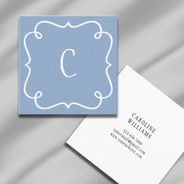 Monogrammed Minimal Trendy Unique Feminine Blue Square Business Card (Creator Uploaded)
