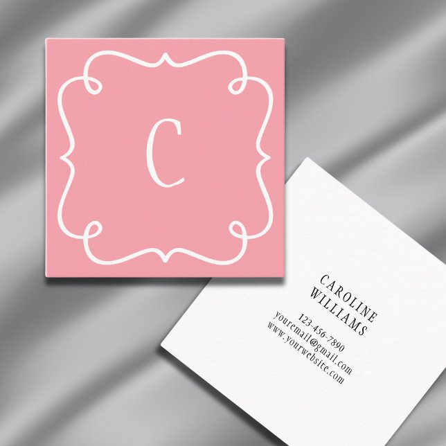 Monogrammed Minimal Trendy Unique Feminine Pink Square Business Card (Creator Uploaded)
