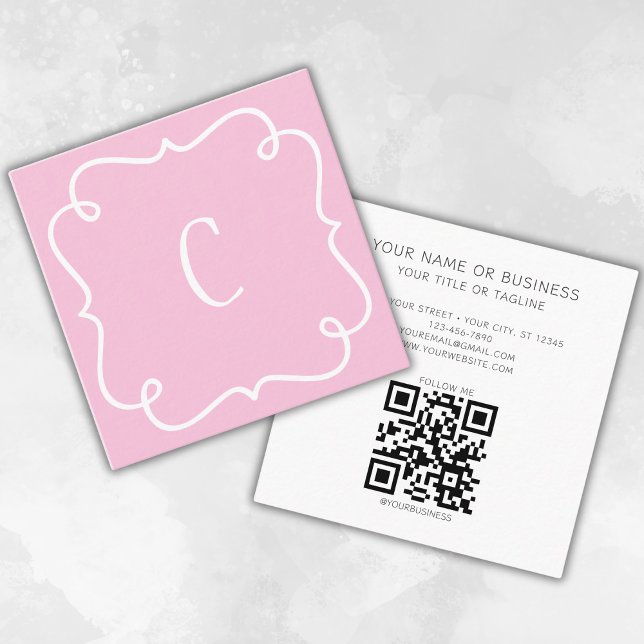 Monogrammed Minimal Trendy Unique Pink QR Code Square Business Card (Creator Uploaded)