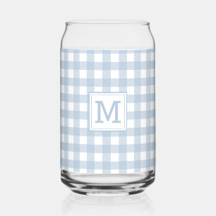 Monogrammed Minimalist Blue Gingham Plaid Pattern Can Glass
