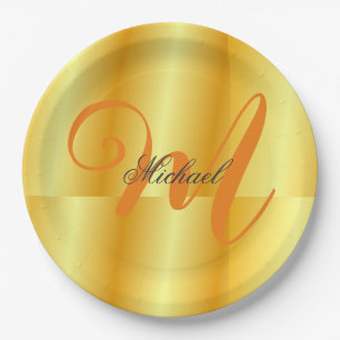 Monogrammed Minimalist Plain Modern Gold Colour Paper Plate