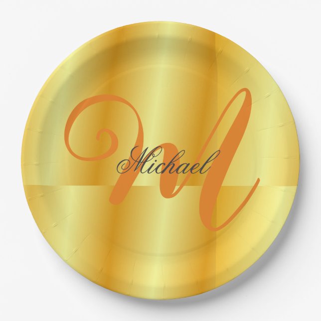 Monogrammed Minimalist Plain Modern Gold Colour Paper Plate (Front)