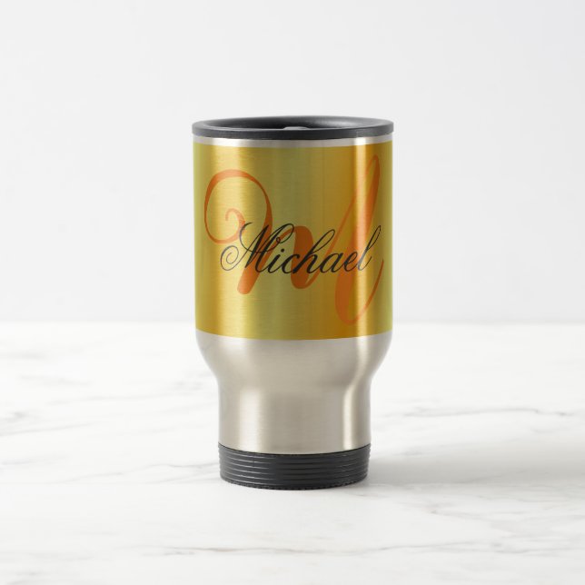 Monogrammed Minimalist Plain Modern Gold Colour Travel Mug (Center)