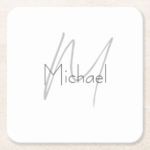 Monogrammed Minimalist Plain Modern Name Square Paper Coaster