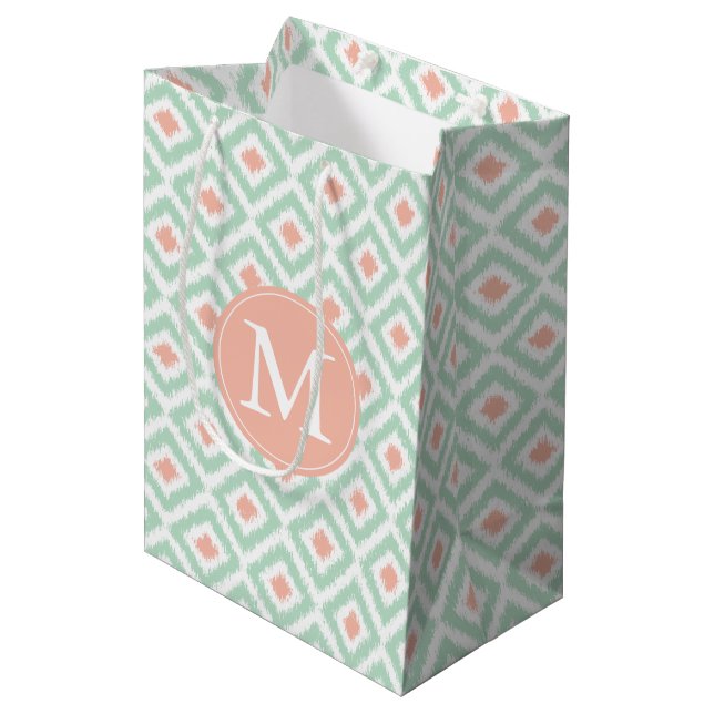 Monogrammed Mint and Coral Ikat Pattern Medium Gift Bag (Front Angled)