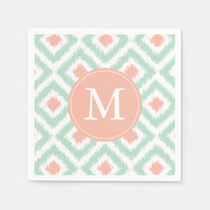 Monogrammed Mint and Coral Ikat Pattern Napkin