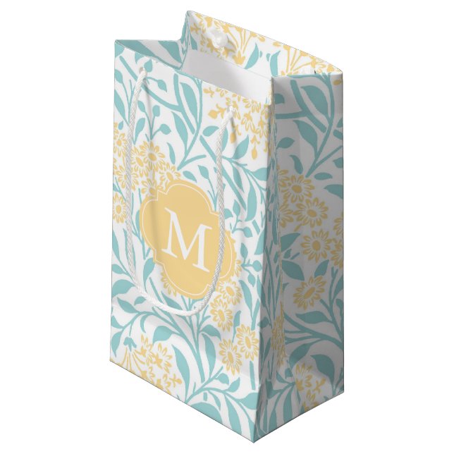 Monogrammed Mint and Yellow Floral Damask Pattern Small Gift Bag (Front Angled)