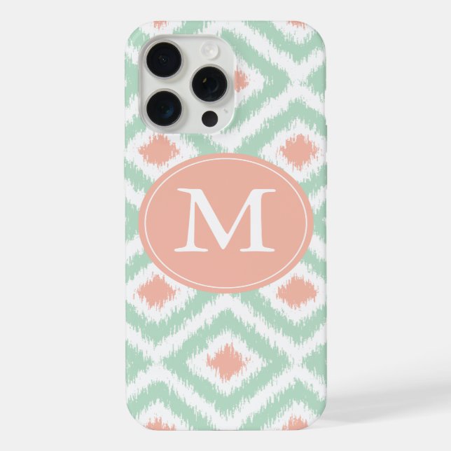 Monogrammed Mint Coral Diamond Ikat Pattern iPhone Case (Back)