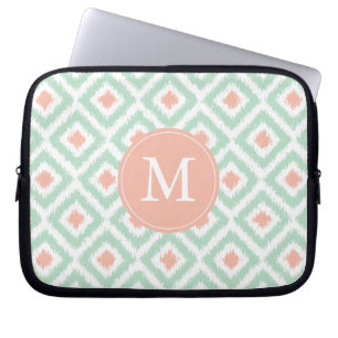 Monogrammed Mint Coral Diamond Ikat Pattern Laptop Sleeve