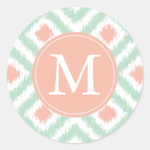 Monogrammed Mint Coral Diamonds Ikat Pattern Classic Round Sticker