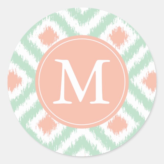 Monogrammed Mint Coral Diamonds Ikat Pattern Classic Round Sticker (Front)