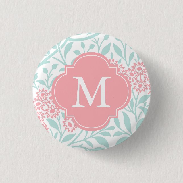 Monogrammed Mint Coral Floral Damask Pattern 3 Cm Round Badge (Front)