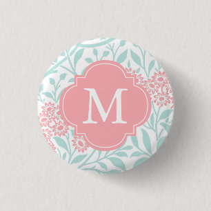 Monogrammed Mint Coral Floral Damask Pattern 3 Cm Round Badge
