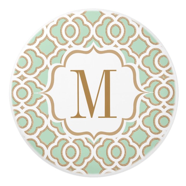 Monogrammed Mint Green and Gold Moroccan Ceramic Knob (Front)